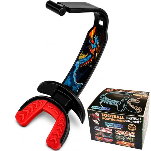 ORAL MART 2026 Youth Football Mouthpiece for Kids - Football Pacifier Mouth Guard with Graphic Permanent Strap (Dual-Color) - Lip Guard Mouth Guard (for Braces) - Instant Fit (No Boil) - color: Dragon of Fury