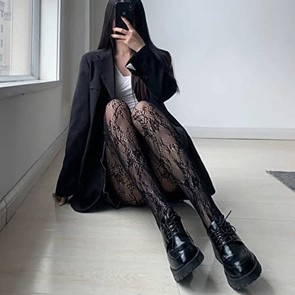 Verdancy 2Pcs Women’s Ultra Stretchable Pantyhose Hollow Floral Patterned Lace Stockings Fishnet Tights Plus Size - color: 2pcs Black & White Tree Vine