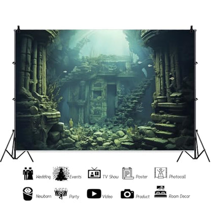 7x5ft Underwater Backdrop Undersea Roman Building Gothic Style Palace Mid Century Photography Background Aquarium Building Stone with Fish Seaweed Deep Sea Sunlight Decor