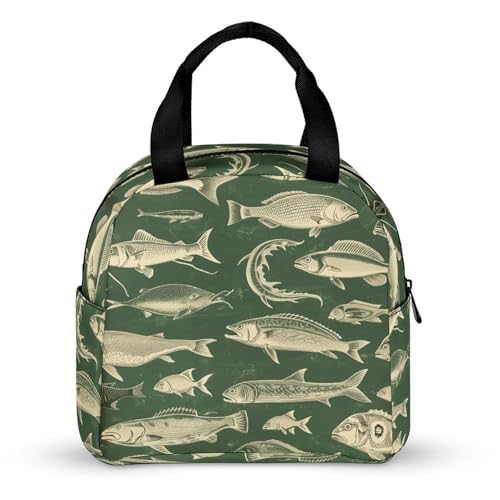 Lunch Bag Lnsulated Lunch Box Lunch Containers Retro Fish Printed Reusable Lunch Tote Bags for Women And Men Work, Travel, Outdoor