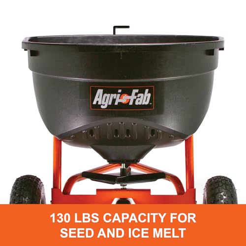 Agri-Fab Pull Behind Broadcast Spreader for Seed, Fertilizer, Salt and Ice Melt, 130 lb Hopper Capacity with Universal Hitch and 12 Ft Spread Width