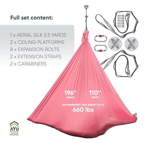 AyuHome Aerial Silks Yoga Swing Aerial Hammock Kit for Home | Premium aerial silks yoga swing kit with rigging hardware for aerial yoga, gymnastics, and home fitness - color: Aerial silk - Pink New