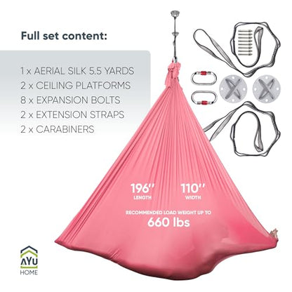 AyuHome Aerial Silks Yoga Swing Aerial Hammock Kit for Home | Premium aerial silks yoga swing kit with rigging hardware for aerial yoga, gymnastics, and home fitness - color: Aerial silk - Pink New