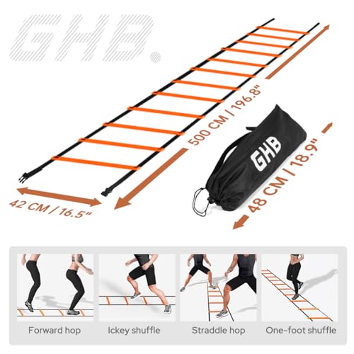GHB Pro Agility Ladder Agility Training Ladder Speed 12 Rung 20ft with Carrying Bag - color: Orange