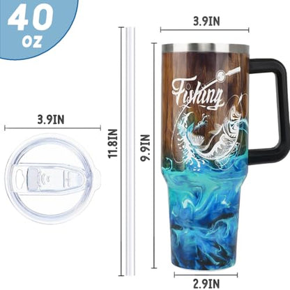 Fishing Tumbler Gifts for Papa Dad Husband Fisherman Fathers Day,Anniversary,Christmas,Birthday Fish Cup Coffee Travel Mug with Handle and Straw-40 oz Wood Grain Fishing(1PCS)