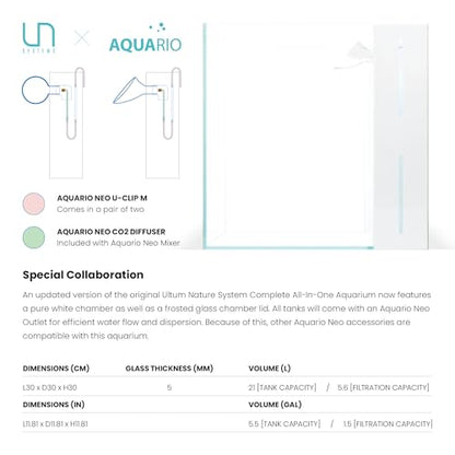 Ultum Nature Systems Rimless All in One Aquarium - Cube Fish Tank, Freshwater AIO Aquarium, Rimless Fish Tank w/Triple-Chamber Filter & White Background - 7 Gallon - 11.81" x 11.81" x 11.81" - 30A