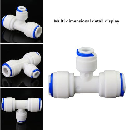 Water purifier adapter, 3/8 * 1/4 * 3/8 "FPT pipe hard plug quick tee, T-shaped tee quick push plastic pipe joint, suitable for reverse osmosis filtration RODI water purifier system 5pcs - style: 3/8 to 1/4 to 3/8 quick connect tee