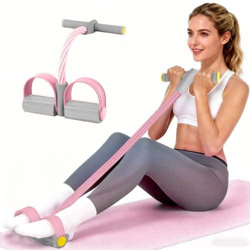Pedal Resistance Band with Handle, Durable 6-Tube Exercise Bands (Pink & Gray)