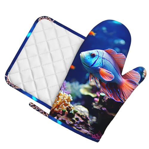 Coral Reef Fish Aquarium Oven Mitts and Pot Holders Sets of 2 Heat Resistant Silicone Oven Gloves Hot Pad Non-Slip Long Oven Mitts Potholders Extra Thicken Kitchen Mittens for Cooking