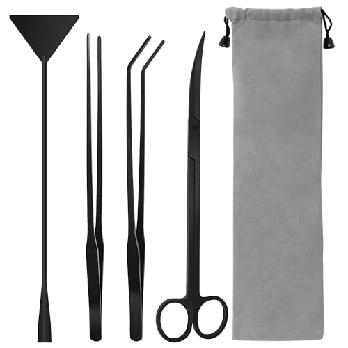 Aquarium Aquascape Tools Kit, 4 in 1 Anti-Rust Aquatic Plant Aquascaping Tool Stainless Steel Black Tweezers Scissors Spatula for Aquarium Tank Clean Fish Tank Aquascape Tools Sets (Black) - color: Black