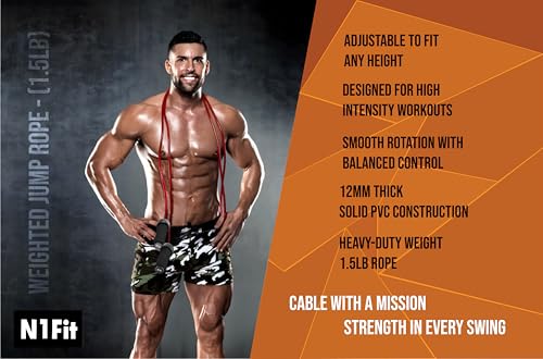 Weighted Jump Rope - (1.5LB) Solid PVC 12mm Diameter for Crossfit and Boxing - Heavy Jump Rope with Memory Non-Slip Cushioned Foam Grip Handles for Fitness Workouts Endurance and Strength Training