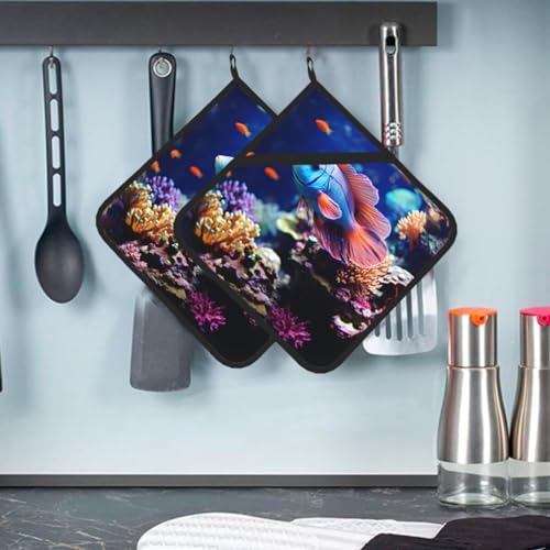 Coral Reef Fish Aquarium Pot Holders Set of 2 Kitchen Potholders with Pocket Heat Resistant Hot Pad Table Pads Non Slip Trivet for Cooking Baking Camping