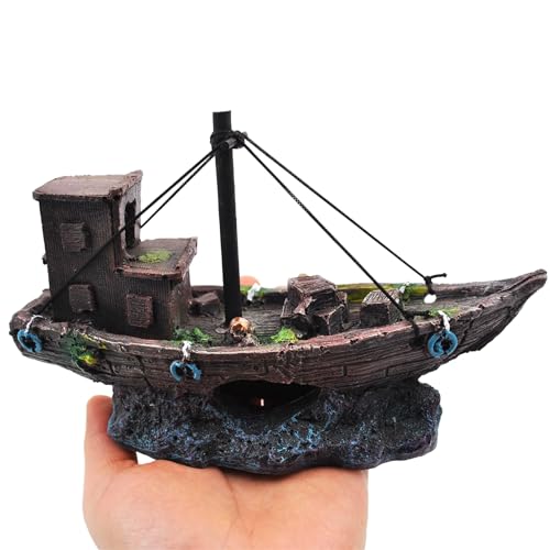 Aquarium Shipwreck Decor Fish Tank Sunken Ship Ornament Pirate Shipwreck Decoration Resin Sunken Boat Betta Fish Sunken Ships Accessories for Freshwater Saltwater Tanks, Dark Brown - style: Sunken ship (A)