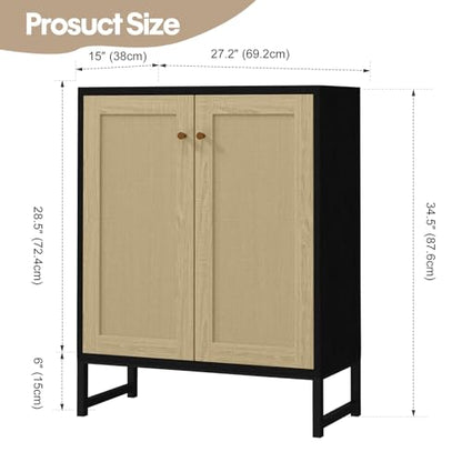 Panana Rattan Decorated 2 Doors Storage Cabinet Accent Cabinet Living Room Cupboard Kitchen Sideboard Buffet Table (Black)