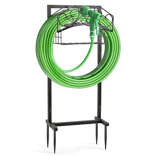 Garden Hose Holder, Freestanding Water Hose Holder Stand with Storage Basket, Sturdy Metal Garden Hoses Storage Rack Holds 150FT for Outside Yard Lawn Farm