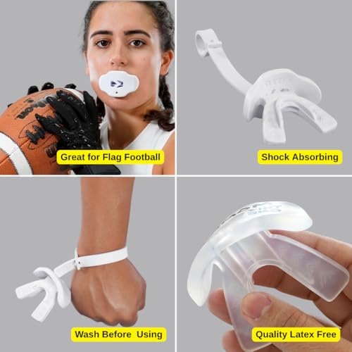 SLEEFS Classic Football Mouthguard with Bold Designs and Removable Strap - color: God First White