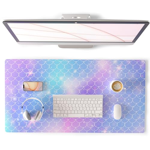 QiyI Large Desk Pad, Colorful Mouse Pad Desktop Decor, Waterproof PU Leather Desk Cover Protector, Desk Accessories for Office Home Work Writing Gaming 31.5" x 15.7" - Gradient Fish Scales - color: Gradient Fish Scales, size: 31.5" x 15.7"