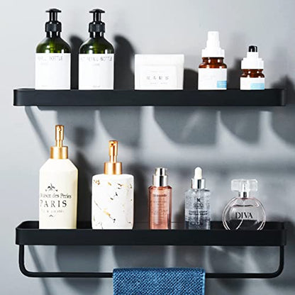 15.7" Bathroom Wall Shelf, Black Shower Caddy Shelves with Tempered Glass, Bathroom Shelves Wall Mounted with Towal Bar, Rectangle Glass Shelf for Shower Organization and Storage (1 Tier)