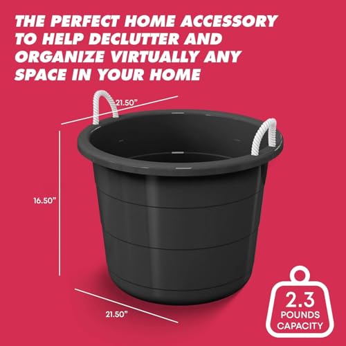 Black 17 Gallon Flexible Plastic Tub with Sturdy Rope Handles, Heavy Duty Multipurpose Utility Bucket for Outdoor Indoor Use, Collapsible Storage Container for Water, Tools, or Supplies