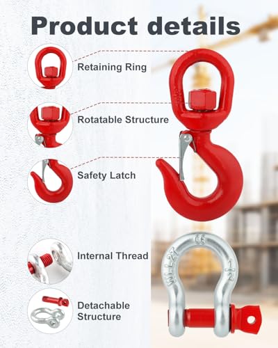 2 Ton Swivel Lifting Hook with 1/2" D Ring Shackles Heavy Duty - size: 1 Set 2T With Shackle
