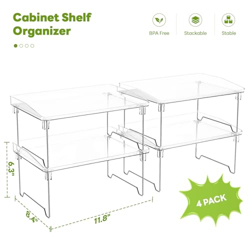 Acrylic Cabinet Organizer Shelf,4 Pcs Stackable Kitchen Counter Shelves,Spice Rack,Countertop Organizers,Clear Plastic Storage Organization for Makeup，Bathroom,Cupboard,Desk,Pantry