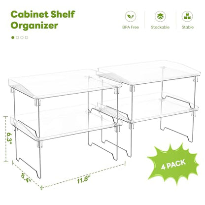 Acrylic Cabinet Organizer Shelf,4 Pcs Stackable Kitchen Counter Shelves,Spice Rack,Countertop Organizers,Clear Plastic Storage Organization for Makeup，Bathroom,Cupboard,Desk,Pantry