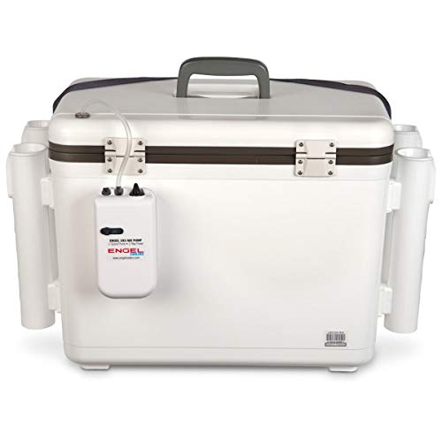 Engel 30qt Live Bait Cooler Box with 2nd Gen 2-Speed Portable Aerator Pump and 4 x Fishing Rod Holder Attachments. Fishing Bait Station and Minnow Bucket in LBC30-RH in White