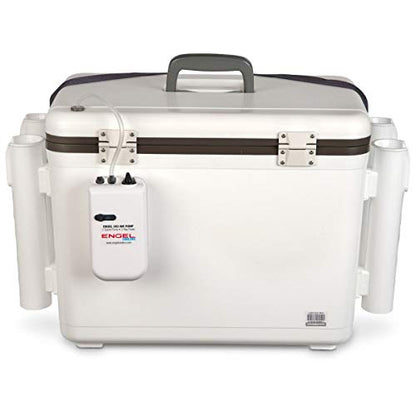 Engel 30qt Live Bait Cooler Box with 2nd Gen 2-Speed Portable Aerator Pump and 4 x Fishing Rod Holder Attachments. Fishing Bait Station and Minnow Bucket in LBC30-RH in White