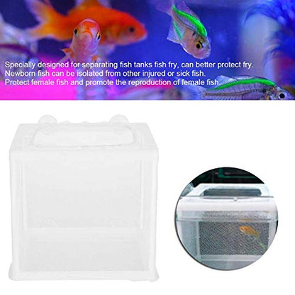 Fish Breeder Box Aquarium Incubator Transparent Plastic Isolation Tank for Newborn Fry Protection 15.7x14x14.9cm with 4 Suction Cups Mesh Net and Stand Columns