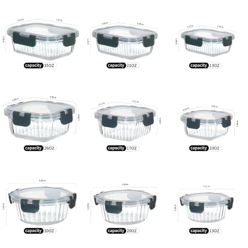 Glass Meal Prep Containers, [9 Pack] Food Storage Containers with Lids, Airtight Glass Bento Boxes, BPA Free & Leak Proof (9 Lids & 9 Containers) (vertical stripes grey) - color: vertical stripes grey