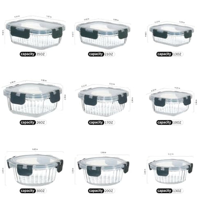 Glass Meal Prep Containers, [9 Pack] Food Storage Containers with Lids, Airtight Glass Bento Boxes, BPA Free & Leak Proof (9 Lids & 9 Containers) (vertical stripes grey) - color: vertical stripes grey