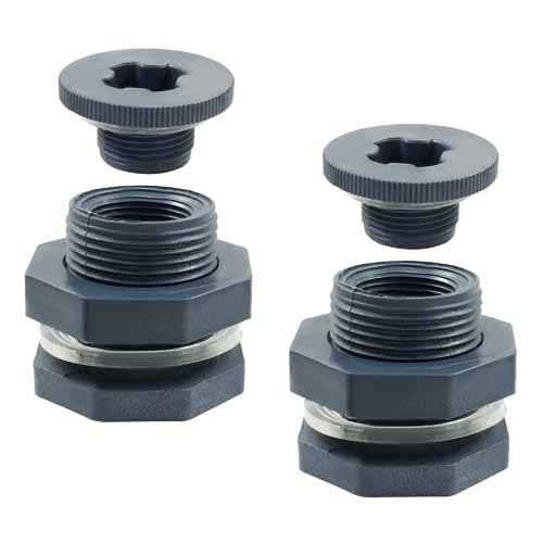 2pcs NPT3/4 PVC Bulkhead Fitting with Plugs, 3/4 Inch Plastic Water Tank Connector Threaded Thru-Bulk Pipe Fittings for Rain Barrels, Aquariums, Bucket Hose Adapter, Ponds, Pools - color: 2pcs+plug, size: 3/4 Inch
