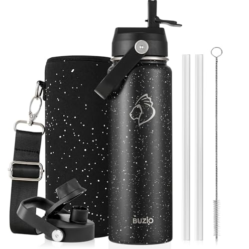 BUZIO 24 oz Insulated Stainless Steel Water Bottle with Straw & Spout Lids | Triple Wall Insulated Tumbler (Dishwasher Safe), Cold for 48 Hrs, Wide Mouth, Leakproof, BPA-Free, for Sports, Gym, School - color: Starry Day & Night, size: 24 Ounces