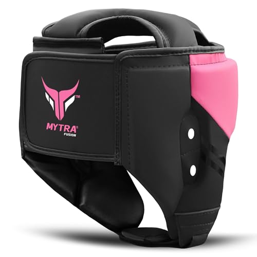 Mytra Fusion Boxing Headgear - Sparring Gear with Adjustable Strap MMA, Muay Thai, Kickboxing, Martial Arts, Karate, Head Gear - color: Black/Pink, size: Small