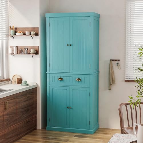 72" Kitchen Pantry,Tall Storage Cabinets with Doors and Shelves,Freestanding Pantry Cabinet for Bathroom,Dining Room and Living Room (Turquoise Blue) - color: Turquoise Blue