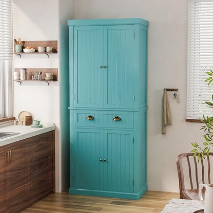 72" Kitchen Pantry,Tall Storage Cabinets with Doors and Shelves,Freestanding Pantry Cabinet for Bathroom,Dining Room and Living Room (Turquoise Blue) - color: Turquoise Blue