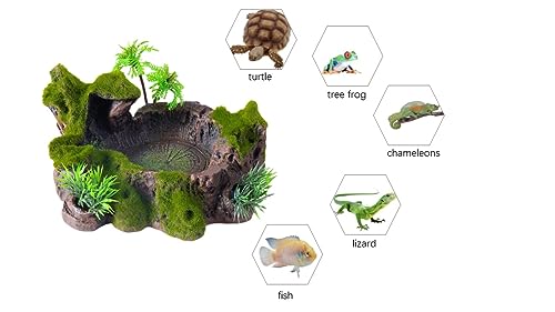 Reptile Decor, Plastic Reptile Platform with Artificial Plants - Basking Habitat Decor for Lizard, Turtle, Frog, Snake