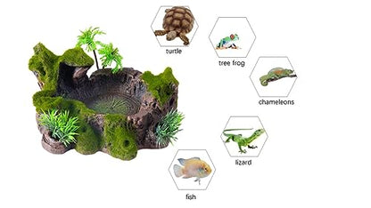 Reptile Decor, Plastic Reptile Platform with Artificial Plants - Basking Habitat Decor for Lizard, Turtle, Frog, Snake