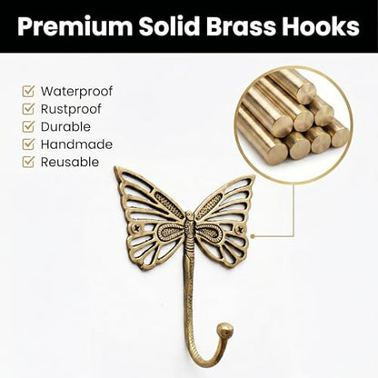 Indian Shelf Solid Brass Butterfly Wall Hooks Gold Coat Hangers Pack of 3