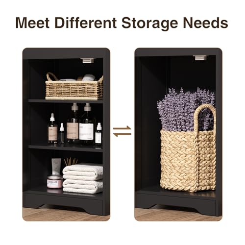 FiveWillowise 67"H Bathroom Storage Cabinet with Rattan Doors and Slide Storage, Tall Narrow Standing Tower Cabinet with Adjustable Shelves, Small Bathroom Floor Organizer for Entryway, Kitchen, Black