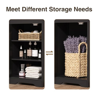 FiveWillowise 67"H Bathroom Storage Cabinet with Rattan Doors and Slide Storage, Tall Narrow Standing Tower Cabinet with Adjustable Shelves, Small Bathroom Floor Organizer for Entryway, Kitchen, Black
