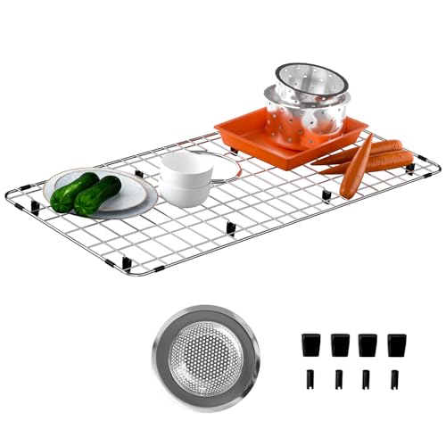 Stainless Steel Sink Grid and Protector for Bottom of Kitchen Sink, 28-3/8" x 14-3/16" with Drain Hole for Single Handmade Sink Bowl for Kitchen Sink Grate with Sink Hole Cover, One-Piece