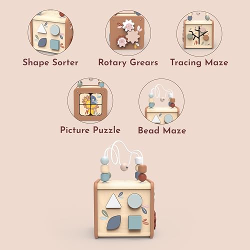SPEEDY MONKEY Wooden 5-in-1 Activity Cube | Bead Maze & Shape Sorter - color: 5-in-1 Cube