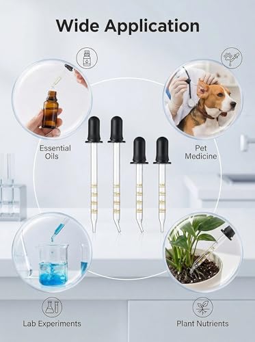 4-Pack 1mL Calibrated Glass Droppers with Measurement, Long & Short Bent & Straight Tips for Essential Oils, Lab, Feeding, Ear & Health Care