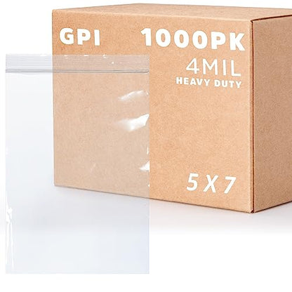 GPI - 1000 Count 5" X 7" Zip Bags, Heavy-Duty 4 Mil Thick, Clear Reclosable Zipper Poly Baggies With Resealable Zip Top Lock For Storage & Packaging, Food, Tools, Sharp Objects, etc. - size: 5" x 7"