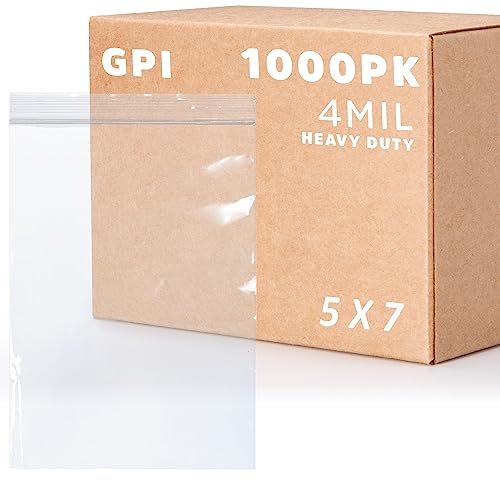 GPI - 1000 Count 5" X 7" Zip Bags, Heavy-Duty 4 Mil Thick, Clear Reclosable Zipper Poly Baggies With Resealable Zip Top Lock For Storage & Packaging, Food, Tools, Sharp Objects, etc. - size: 5" x 7"