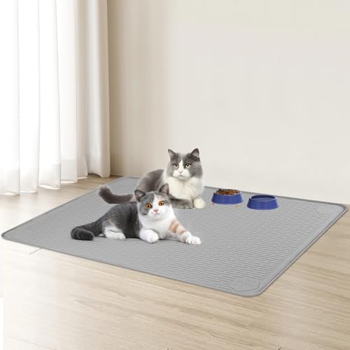 Cat Food Mat, 40" x 28" Cat Litter Mat Extra Large Silicone Pet Feeding Mat with Raised Edge Pet Placemat for Food and Water Bowl Non-Slip, Easy to Clean, Floor Protection (Light Gray) - color: Light Gray Mat