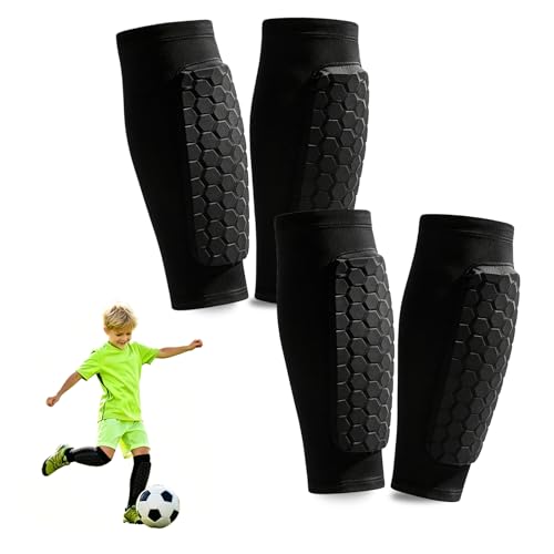 2 Pairs Soccer Shin Guards Kids with Honeycomb Pads | Shin guards soccer with Honeycomb shock-absorbing pads suitable for Pickleball Football Ski MTB - color: Black+Black, size: Small