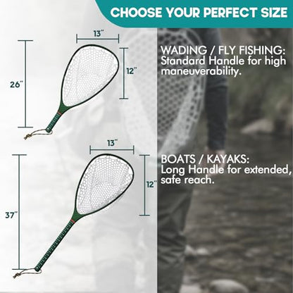 Riverruns Fly Fishing Landing Net Carbon Fiber Trout Net with Measurement Handle, Soft Rubber Mesh - 26" Standard (Wading) / 37" Long (Kayak) - color: 37" Kayak Net (Long) - Green 3K Woven