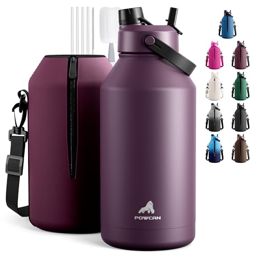 POWCAN 64 oz Insulated Water Bottle with 2-in-1 Straw & Spout Lid, Leakproof, Top Handle, Keep Cold 48H, BPA-Free, Brush, Metal Water Bottle with Carrier Bag for Work, Sports, Travel and Gym (Plum) - color: Plum